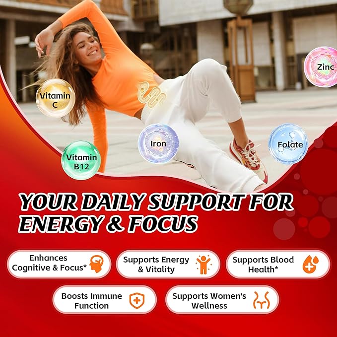 Iron Gummies for Teen Girls, Gentle Iron Bisglycinate with Vitamin C, Iron Supplement Plus Folate, Energy & Anemia Support, Chewable, Sugar Free, 60 Gummies