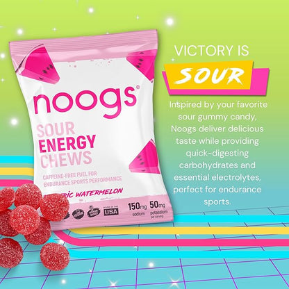 Noogs Sour Energy Chews, Electric Watermelon Electrolyte Energy Gummies, Sour Candy Flavored Alternative to Running Gels, Vegan, Gluten Free & Caffeine Free, 12 Pack
