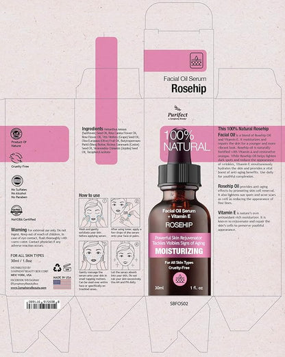 Purifect Rosehip Moisturizing Facial Oil Serum for Skin - Support for Acne Scars & Wrinkles, Moisturizes and Repairs, Naturally Fortified with Retinol (Vitamin A) & Vitamin E - 1 fl oz