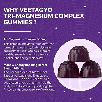 VEETAGYO Magnesium Gummies 500mg 400mg | High Absorption, Bone, Nerves, Muscle | 3 Forms of Magnesium Complex Supplement Glycinate,Taurate,Malate | Adults - Vegan,Sugar Free,120Cts