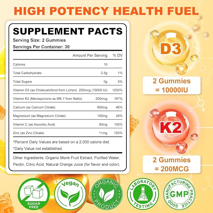 Vitamin D3 K2 Gummies for Women & Men, 6-in-1 Vitamin D Supplements with Magnesium, Zinc and Calcium for Bone, Immune & Energy Support, Sugar Free, Orange Flavor, 60 Count