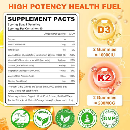 Vitamin D3 K2 Gummies for Women & Men, 6-in-1 Vitamin D Supplements with Magnesium, Zinc and Calcium for Bone, Immune & Energy Support, Sugar Free, Orange Flavor, 120 Count
