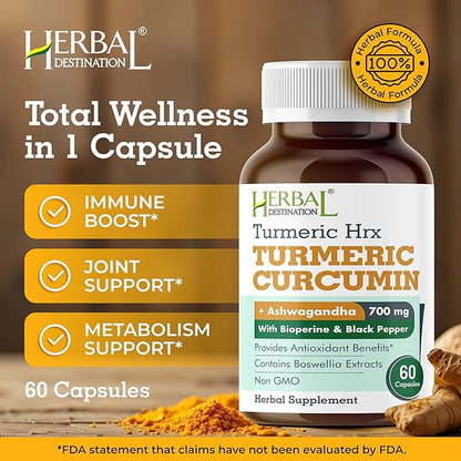 Turmeric Supplement Hrx- Immune Supplement, Metabolism Booster Joint Support Supplement with Turmeric Curcumin, Boswellia, Curcuma & Black Pepper Extract - 60 Capsules