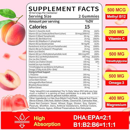 Organic Methylated Vitamin B Gummies: Natural Complex Supplement with B1 B2 B3 B5 B6 B7 B9 B12 Plus D3 Zinc Magnesium Ashwagandha Omega3 - Energy Support for Work Adults Women Men(120Count)