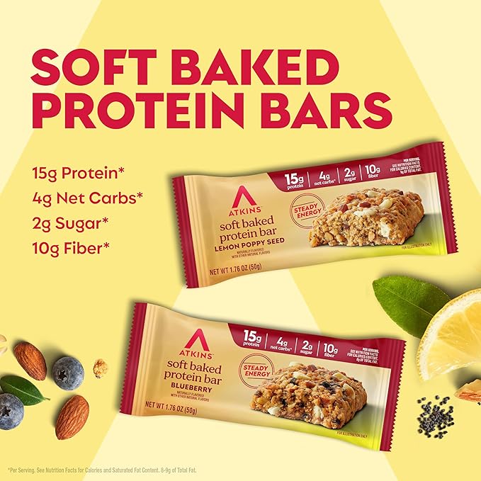 Atkins Soft Baked High Protein Bars, Lemon Poppyseed & Blueberry Flavors, 15g Protein, 4g Net Carbs, 2g Sugar, Keto Snacks, Low Sugar Protein Bars, High Fiber Snacks, 12 pk (6 bars each flavor)
