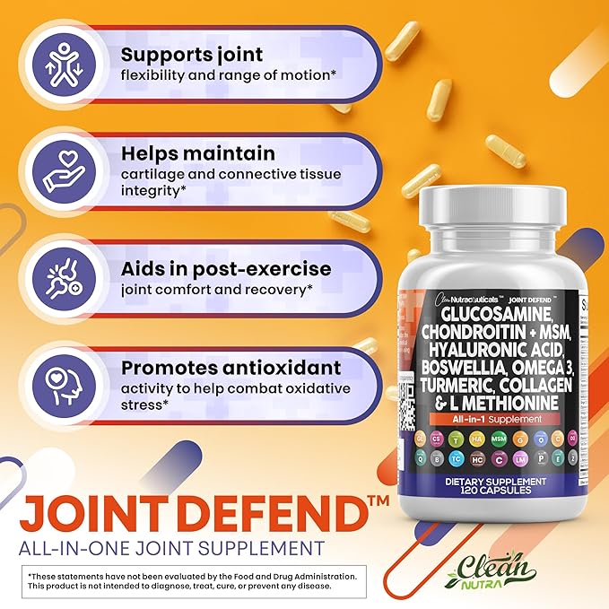 Clean Nutraceuticals Glucosamine Chondroitin MSM 1500mg with Turmeric Curcumin, Collagen, Hyaluronic Acid, Omega 3 – Joint Health Supplement for Men & Women (120 Count (Pack of 2))
