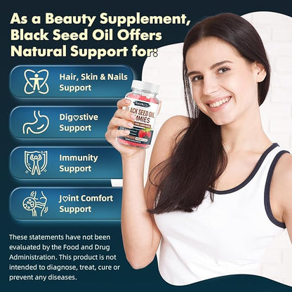 MEENCCD Black Seed Oil Gummies, Nigella Sativa Black Seed Oil Supplement for Antioxidant Support, Vegan, Non-GMO, Suagr-Free, Raspberry Flavor, 60 Count