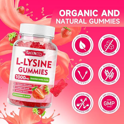 MEENCCD 2 Pack L-Lysine 1000mg Gummies, Lysine Supplement for Adults & Kids, Essential Amino Acid for Oral & Lips Health, Boost Immune & Calcium & Collagen, Sugar-Free, Strawberry Flavor, 120 Count