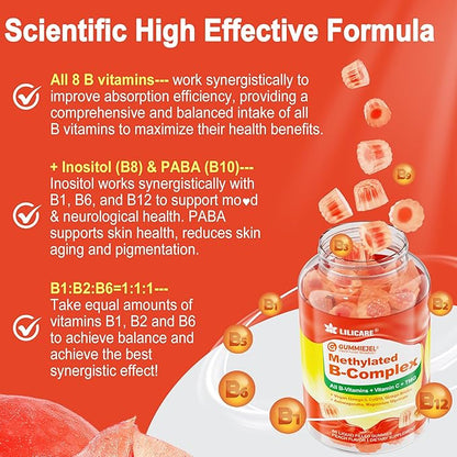 LILICARE Women's & Men's Super Vitamin B Complex Filled Gummies, Methylated w/Omega 3, Magnesium,CoQ10, Ashwagandha,Vitamin C, TMG, Sugar Free - 60 Count (Pack of 2)