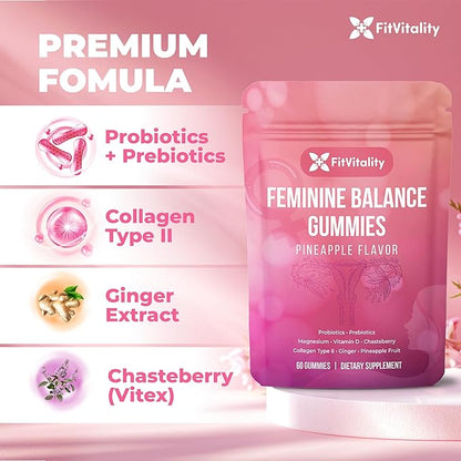 Premium 60 Feminine Balance Gummies – Probiotics, Collagen Type II, Chasteberry, Vitamin D & Magnesium – Gluten-Free, Natural Pineapple Flavor, Vegan
