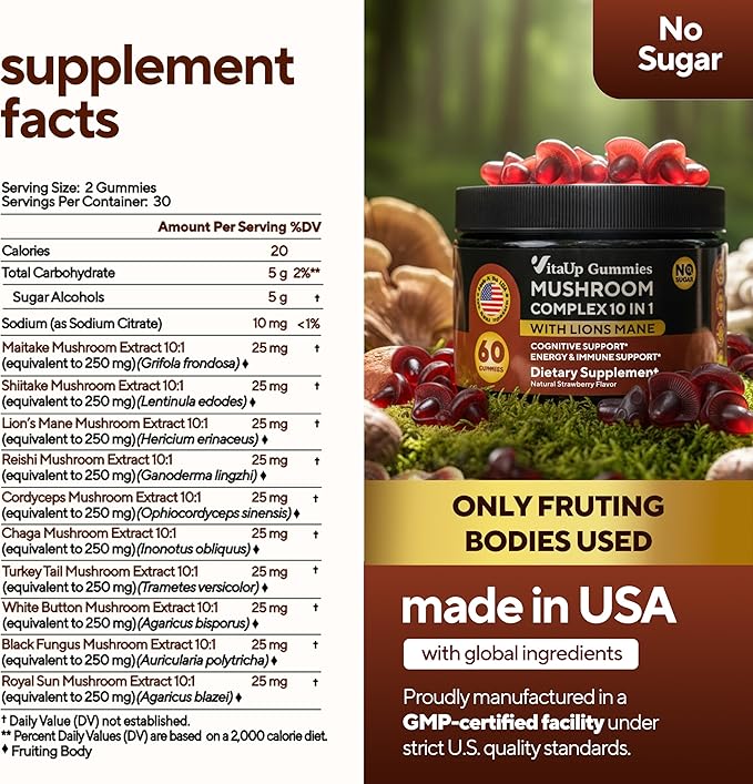 VitaUp Mushroom Supplement - USA Made 10 in 1 Mushroom Gummies - Mushroom Complex with Lions Mane, Cordyceps, Turkey Tail, Reishi, Shiitake for Cognitive & Immune Support - 60 Count