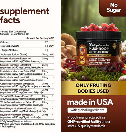 VitaUp Mushroom Supplement - USA Made 10 in 1 Mushroom Gummies - Mushroom Complex with Lions Mane, Cordyceps, Turkey Tail, Reishi, Shiitake for Cognitive & Immune Support - 60 Count