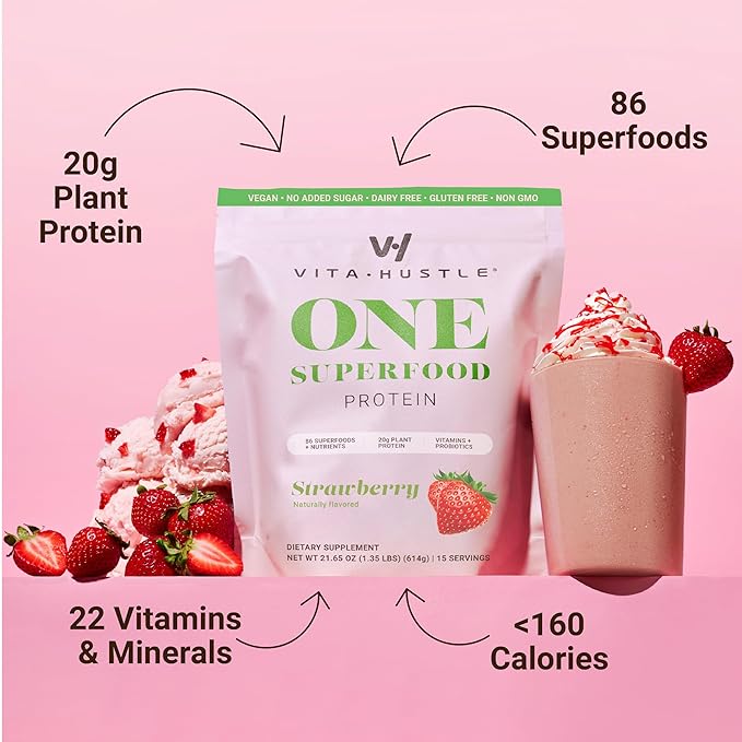 VitaHustle ONE Vegan Strawberry Protein Powder - 20g Plant Protein Meal Replacement with 86+ Superfoods & Greens, Probiotics + No Bloat Digestive Blend - Dairy Free, Gluten Free (15 Servings)