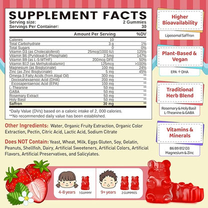 Liposomal Saffron Gummies for Kids 4+, Saffron Supplements w/Holy Basil, Rosemary, Magnesium Glycinate, Omega-3 & More, Brain Focus Support Supplement, Vegan, Organic, Sugar Free, 60 Chewables