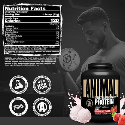 Animal Whey Isolate Protein Powder - Loaded for Pre & Post Workout Muscle Builder and Recovery with Digestive Enzymes for Men & Women - 25g Protein, Great Taste, Low Sugar - Strawberry 4 lbs