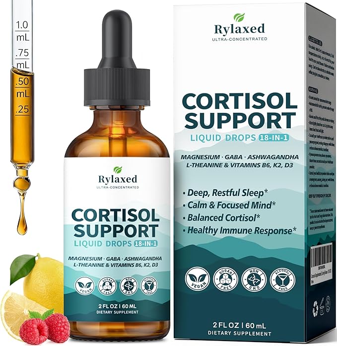Cortisol Supplements for Women & Men, 18 in 1 Stress & Mood Support Drops with Magnesium 480mg, GABA, Ashwagandha, L-Theanine & Phosphatidylserine, for Relaxation & Sleep, Lemon Raspberry Flavor 60mL