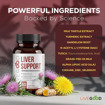 LIVEGOOD Liver Support Supplement for Liver Cleanse Detox, Milk Thistle and Dandelion Root, with Turmeric and Alpha Lipoic Acid for Overall Health (60 Count)