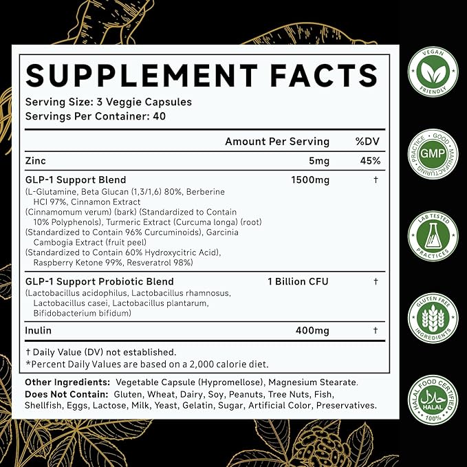 GLP-1 Support Probiotic Blend Capsules 120 Count - Glp1 Booster with Berberine, 1 Billion CFU, 5 Probiotic Strains - 1500mg Glp1 Blend Supplements, for Gut Health, Digestive Wellness Support