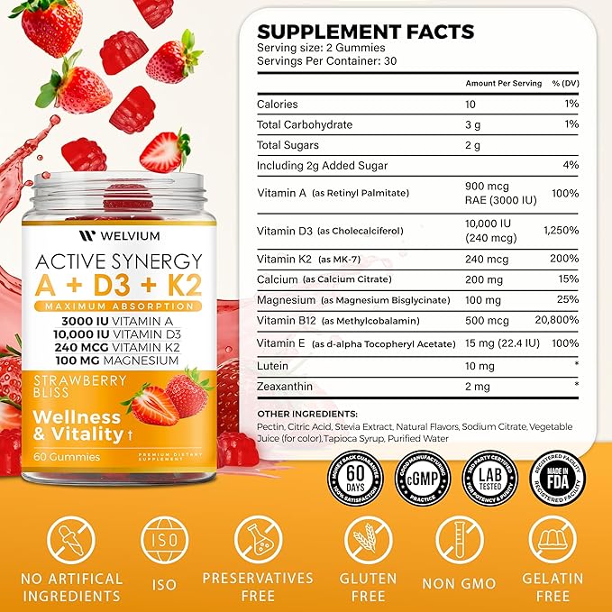 Vitamin D3 K2 Gummies 10000 IU with Magnesium Glycinate, Calcium, B12, K2 MK-7, Vitamins A, E, Lutein, Zeaxanthin - ADK Chewable Supplement for Bone, Eye, Immune Support - D3K2 Gummies
