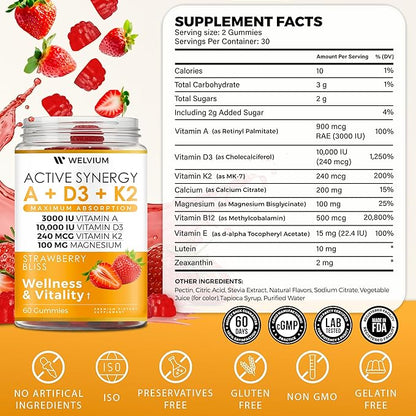 Vitamin D3 K2 Gummies 10000 IU with Magnesium Glycinate, Calcium, B12, K2 MK-7, Vitamins A, E, Lutein, Zeaxanthin - ADK Chewable Supplement for Bone, Eye, Immune Support - D3K2 Gummies