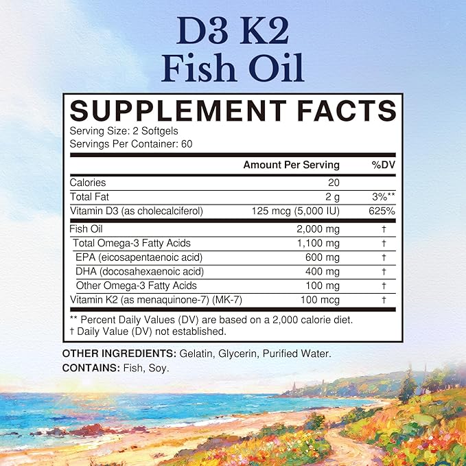 Vitalitown Vitamin D3 K2 with Fish Oil Omega-3 Supplements, 1000mg EPA DHA Omega 3 Fatty Acids from Fresh Wild Caught Fish, Support for Heart & Brain Health, 120 Softgels