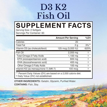 Vitalitown Vitamin D3 K2 with Fish Oil Omega-3 Supplements, 1000mg EPA DHA Omega 3 Fatty Acids from Fresh Wild Caught Fish, Support for Heart & Brain Health, 120 Softgels
