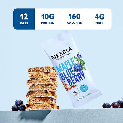 Mezcla Puff Crispy Protein Bars, Gluten Free & Vegan Protein Bars, 10g Protein, Alt for Crispy Rice Treat, Granola Bars & Breakfast Bars, Healthy Snacks for Adults, Maple Blueberry, 1 Count