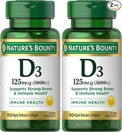 Nature's Bounty Vitamin D3, Immune and Bone Support, 5000IU, Rapid Release Softgels, 150 Ct (Pack of 2)
