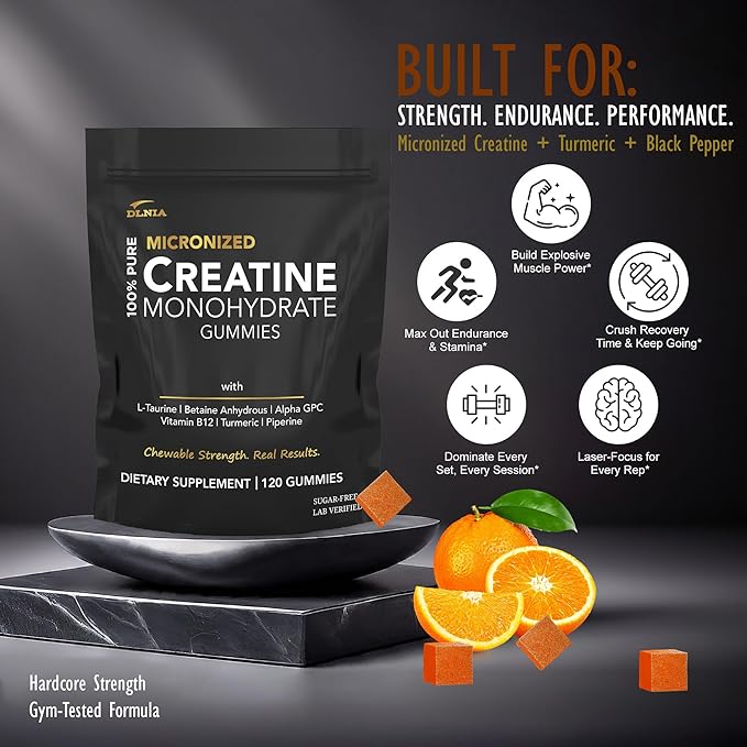 Creatine Monohydrate Gummies for Men & Women - Sugar Free & Vegan Advanced Formula W/L-Taurine + Vitamin B12 - for Muscle Strength, Muscles Builder, Recovery (120 Count (Pack of 1), Orange)