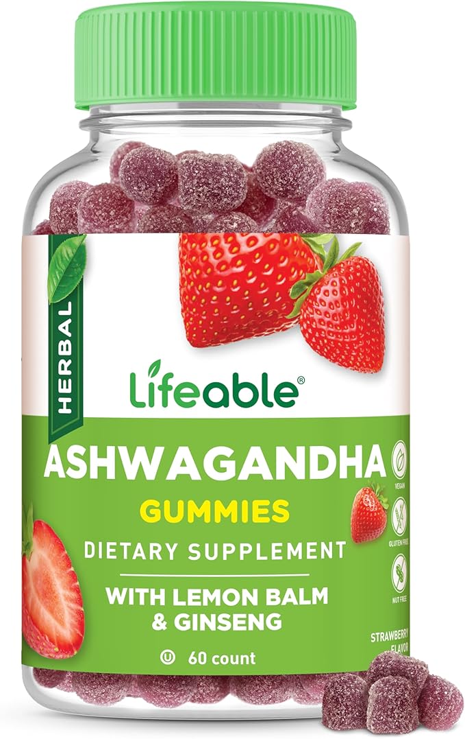 Lifeable Ashwagandha Gummies with Lemon Balm & Ginseng | Vegan Non GMO Ashwagandha Supplement | for Women and Men | 60 Gummies