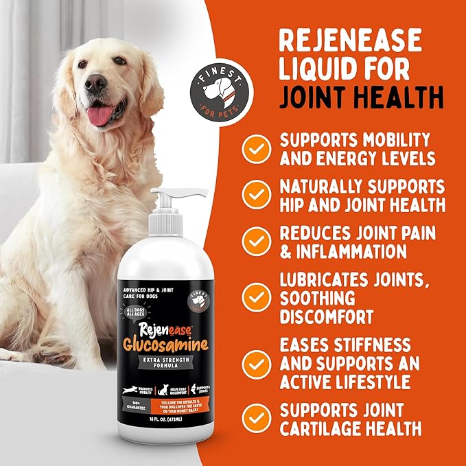 Liquid Glucosamine for Dogs with Chondroitin, MSM & Hyaluronic Acid (16oz). Hip & Joint Supplement Supports Better Mobility & Promotes New Cartilage. Eases Joint Stiffness. Rejenease, Made in USA