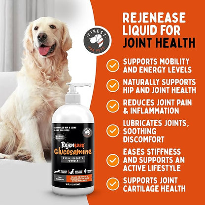 Liquid Glucosamine for Dogs with Chondroitin, MSM & Hyaluronic Acid (16oz). Hip & Joint Supplement Supports Better Mobility & Promotes New Cartilage. Eases Joint Stiffness. Rejenease, Made in USA