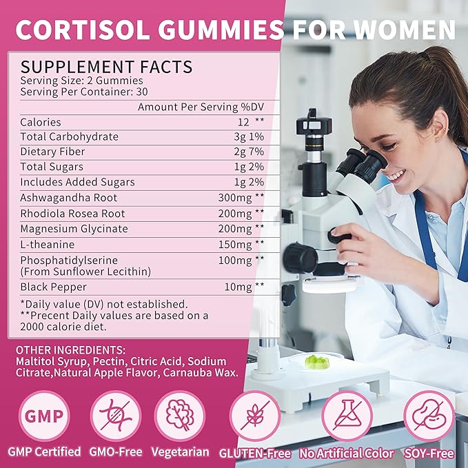 Cortisol Gummies For Women- Promote Relaxation and Support Mood- Natural Ingredients with Ashwagandha, Rhodiola Rosea, etc. Cortisol Manager Gummies for Adrenal Support,Vegan,Apple Flavor,120 Count