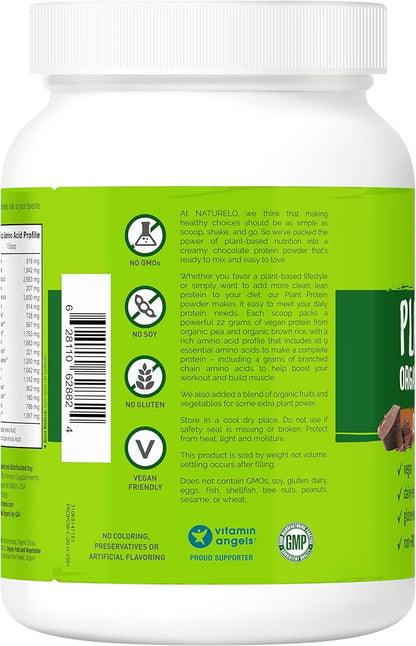 NATURELO Plant Protein Powder, Chocolate, 22g Protein - Non-GMO, Vegan, No Gluten, Dairy, or Soy - No Artificial Flavors, Synthetic Coloring, Preservatives, or Additives - 20 Servings
