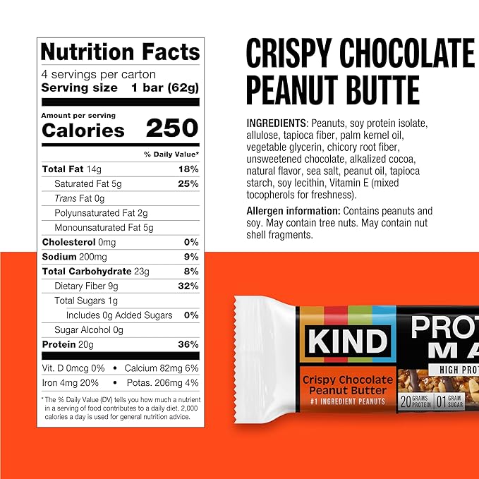 KIND Protein MAX Crispy Chocolate Peanut Butter Snack Bars, 20g of Protein, Keto Friendly, 1g of Sugar Per Bar, Gluten Free, 4 Count Box
