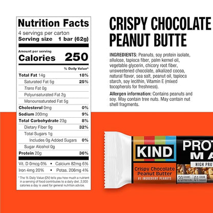KIND Protein MAX Crispy Chocolate Peanut Butter Snack Bars, 20g of Protein, Keto Friendly, 1g of Sugar Per Bar, Gluten Free, 4 Count Box