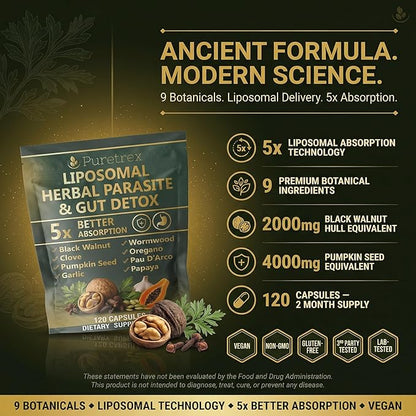 Liposomal Herbal Parasite & Gut Detox, 120 Capsules, 5X Better Absorption, with Black Walnut, Wormwood, Clove, Pumpkin Seed, Garlic, Oregano, PAU D'Arco, Papaya