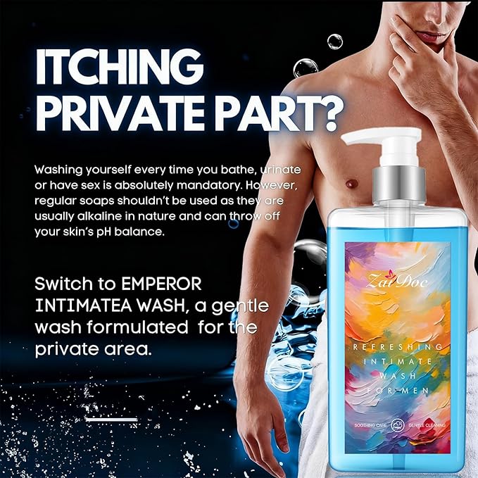 Refresh Gentle Intimate Wash for Men, Daily Cleanser with Lactic Acid & Menthol, pH Balanced for Sensitive Skin, Blue, 10.14 fl oz