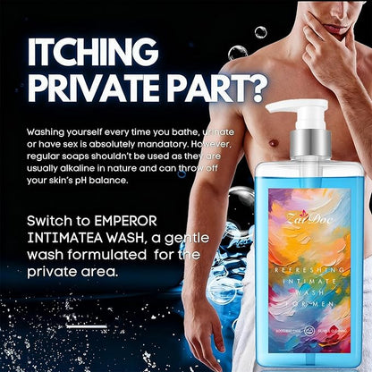 Refresh Gentle Intimate Wash for Men, Daily Cleanser with Lactic Acid & Menthol, pH Balanced for Sensitive Skin, Blue, 10.14 fl oz