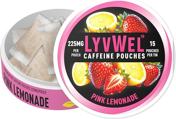 LyvWel Ultra Caffeine Pouch – Pink Lemonade – 225mg Natural Caffeine with Guarana – Tart, Refreshing Energy for Focus & Endurance – 1-Pack (15 Pouches)