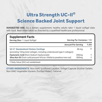 Naturalis UC-II 40 mg with Hyaluronic Acid and Shea Nut Oil | Enhanced Undenatured Type II Collagen for Better Joint Health, Mobility & Flexibility | Gluten-Free & Non-GMO | 120 Softgels