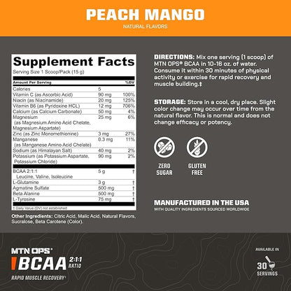 MTN OPS BCAA Powder 2:1:1 Amino Acids Supplement Powder for Rapid Muscle Recovery & Repair with Zero Sugar & Gluten Free - 30 Servings, Peach Mango