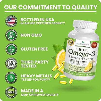 Triple Strength Omega 3 Fish Oil Supplements 2400mg | 120 Capsules, Burpless High Potency Lemon Flavor, High EPA DHA for Men & Women Ultra Pure Softgels | Joint Support, Eyes, Heart Brain Health Pills