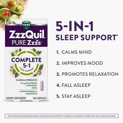 ZzzQuil Pure Zzzs Complete Sleep,Melatonin 10mg,L-Theanine,GABA,with Ashwagandha,and Magnesium,Melatonin Sleep Aid,100 Count (Pack of 2)