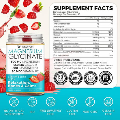Magnesium Glycinate Gummies with Ashwagandha, L-Theanine - 500mg Magnesium Glycinate, D3, K2, B6, Calcium, Zinc, Potassium Supplement for Muscle, Immune and Bone Support, Chewable Magnesium