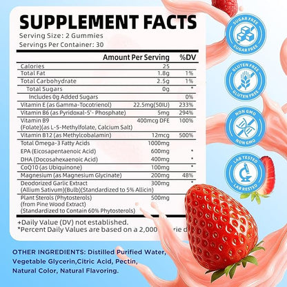 Vegan Omega 3 Gummies 1000mg + CoQ10 + Magnesium - w/Algae EPA 600mg & DHA 400mg, Fish Oil Omega-3 Supplements Alternative for Adults, for Brain, Eye, Immune Health, Strawberry Flavor, 60 Count