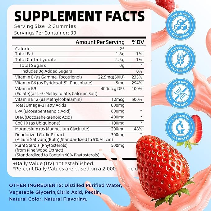 2 Pack Vegan Omega 3 Gummies 1000mg+CoQ10+Magnesium - w/Algae EPA 600mg & DHA 400mg, Fish Oil Omega-3 Supplements Alternative for Adults, for Brain, Eye, Immune Health, Strawberry Flavor, 120 Count
