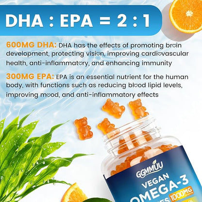 Vegan Omega 3 Gummies 1000MG Algal Oil Omega 3 Supplement for Adults with Algae DHA 600mg & EPA 300mg Fish Oil Alternative - for Eye & Immune Health, No Fish Taste, Orange Flavor, 60 Count