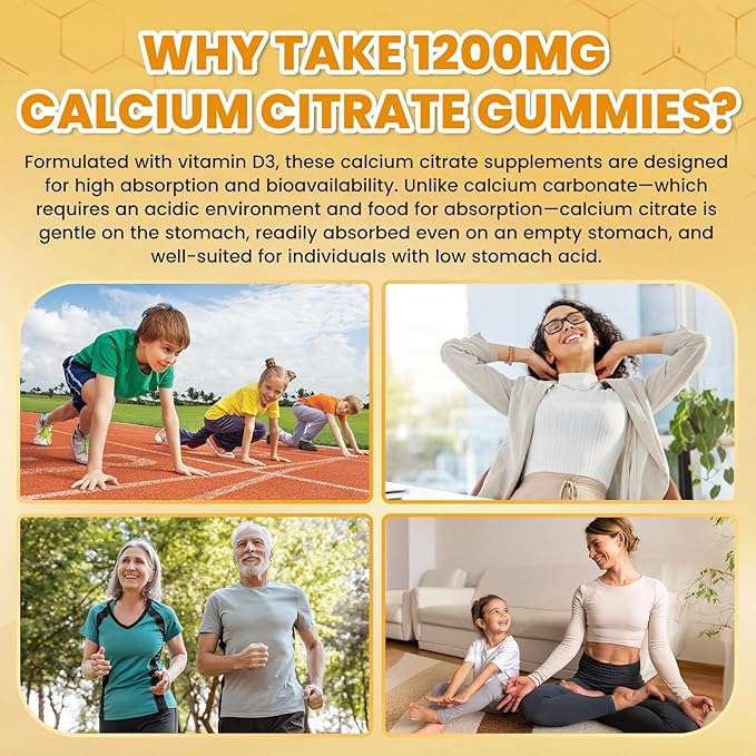 Calcium Citrate Gummies - 1200mg Calcium Gummies Supplements for Women & Men with Vitamin D3, K2, Magnesium, Zinc High Absorption for Bone, Muscle & Immune Support, Pineapple Flavor, 60 Count