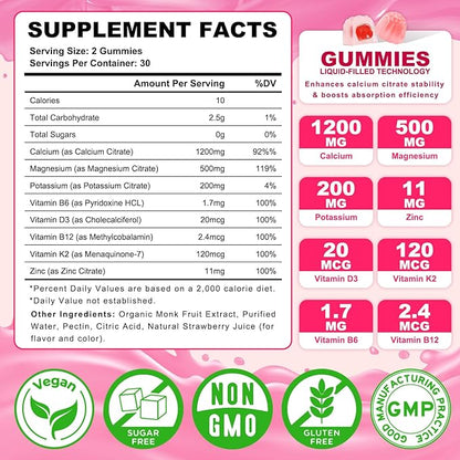 Calcium Citrate Gummies, Calcium Supplements for Women & Men, High Absorption Calcium Gummies with Vitamin D3, Magnesium & Zinc for Muscle, Bone & Immune Support, Strawberry Flavor, 60 Count